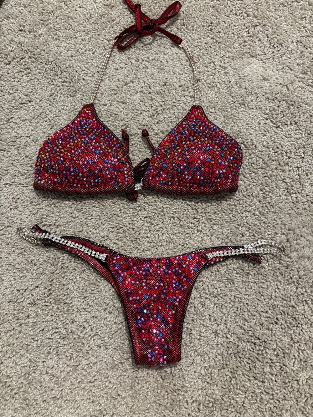 Red Crystal Embellished Bikini Set - Women Swim